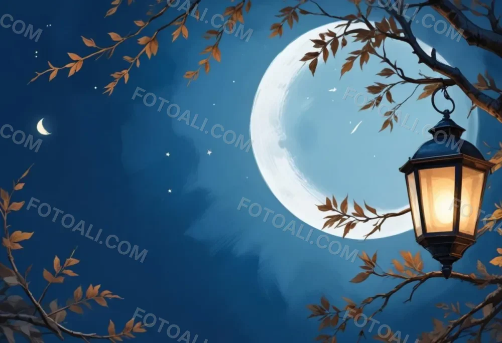 Digital Painting A Crescent Moon In A Blue Sky With Some Branches And Leaves And A Lantern On The Right Side Of The Image Bold And Slim Lines Brush Strokes 28 3dc2