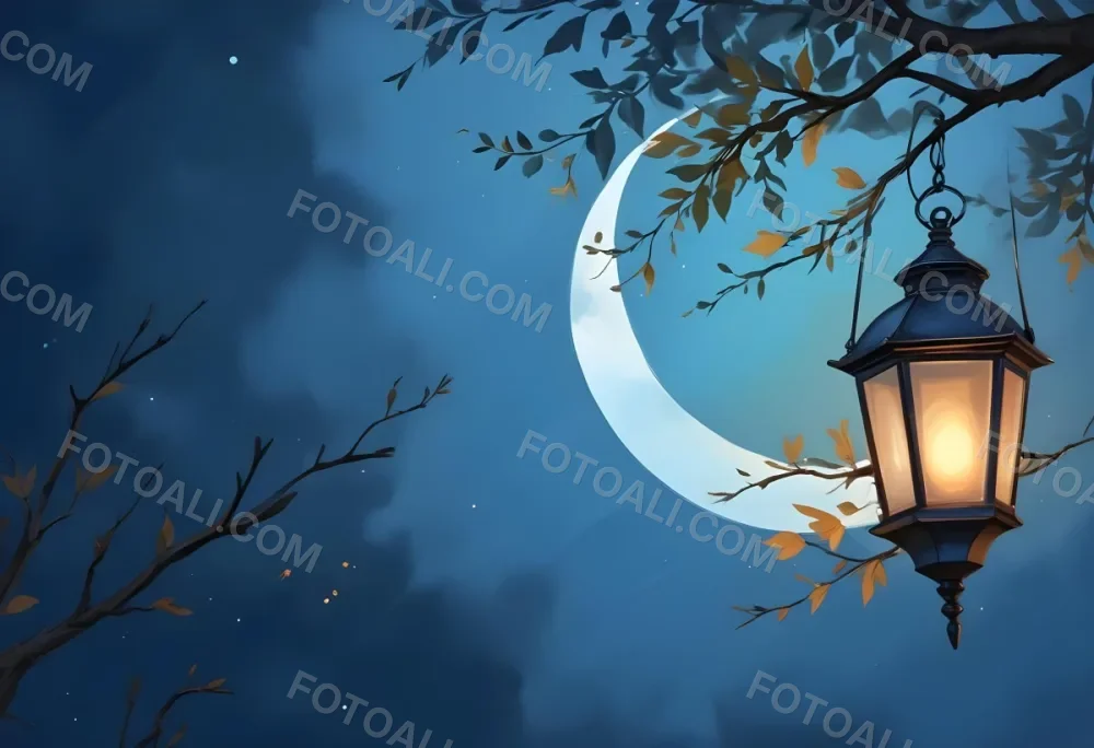 Digital Painting A Crescent Moon In A Blue Sky With Some Branches And Leaves And A Lantern On The Right Side Of The Image Bold And Slim Lines Brush Strokes 31 A06d
