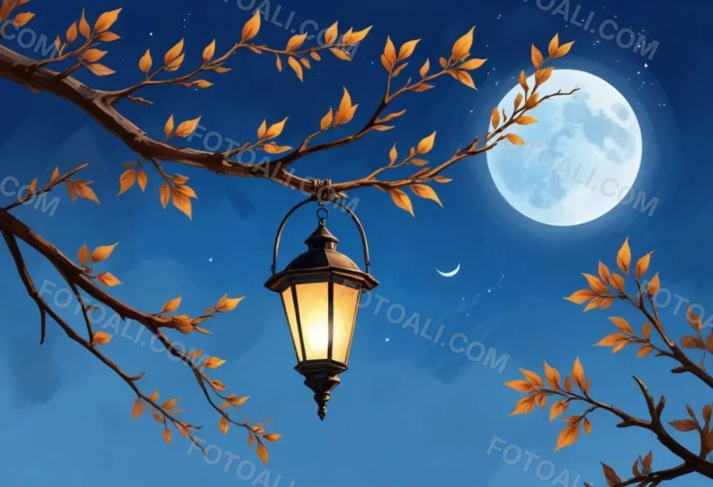 Digital Painting A Crescent Moon In A Blue Sky With Some Branches And Leaves And A Lantern On The Right Side Of The Image Bold And Slim Lines Brush Strokes 33 2113