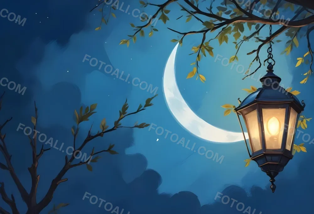 Digital Painting A Crescent Moon In A Blue Sky With Some Branches And Leaves And A Lantern On The Right Side Of The Image Bold And Slim Lines Brush Strokes 5 Fab3