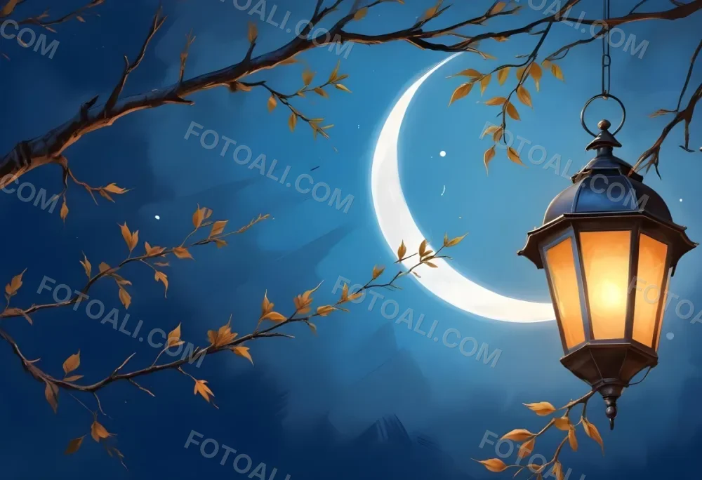 Digital Painting A Crescent Moon In A Blue Sky With Some Branches And Leaves And A Lantern On The Right Side Of The Image Bold And Slim Lines Brush Strokes 6 F2bd