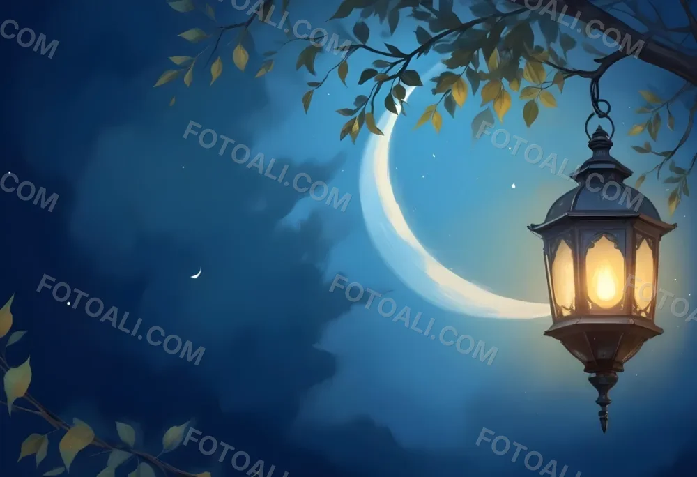 Digital Painting A Crescent Moon In A Blue Sky With Some Branches And Leaves And A Lantern On The Right Side Of The Image Bold And Slim Lines Brush Strokes 7 6400
