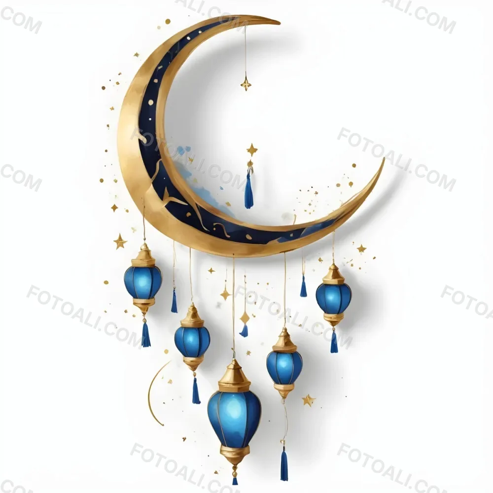 Digital Painting A Crescent Moon Shaped Wall Hanging With Blue And Gold Lanterns Hanging From It Bold And Slim Lines Brush Strokes 10 5976