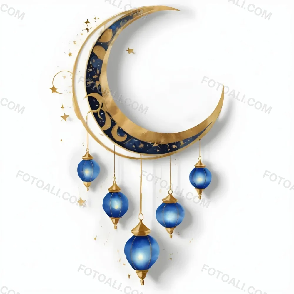 Digital Painting A Crescent Moon Shaped Wall Hanging With Blue And Gold Lanterns Hanging From It Bold And Slim Lines Brush Strokes 11 3579