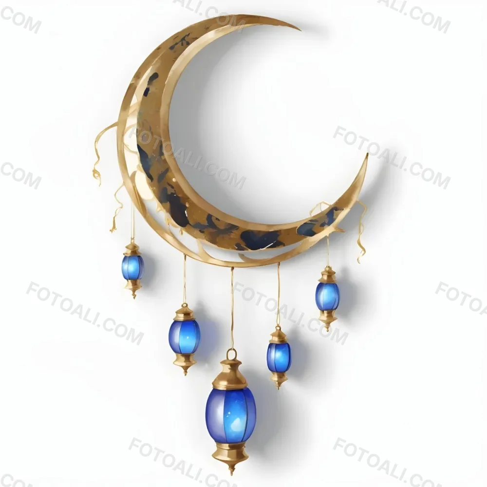 Digital Painting A Crescent Moon Shaped Wall Hanging With Blue And Gold Lanterns Hanging From It Bold And Slim Lines Brush Strokes 12 0b58