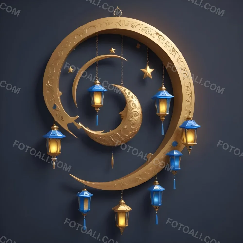 Digital Painting A Crescent Moon Shaped Wall Hanging With Blue And Gold Lanterns Hanging From It Bold And Slim Lines Brush Strokes 2 02a8