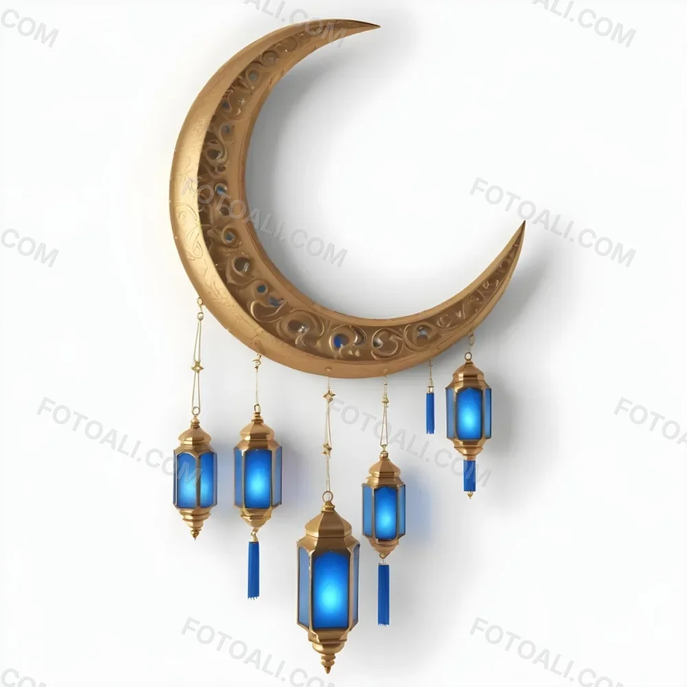 Digital Painting A Crescent Moon Shaped Wall Hanging With Blue And Gold Lanterns Hanging From It Bold And Slim Lines Brush Strokes 4 97dd
