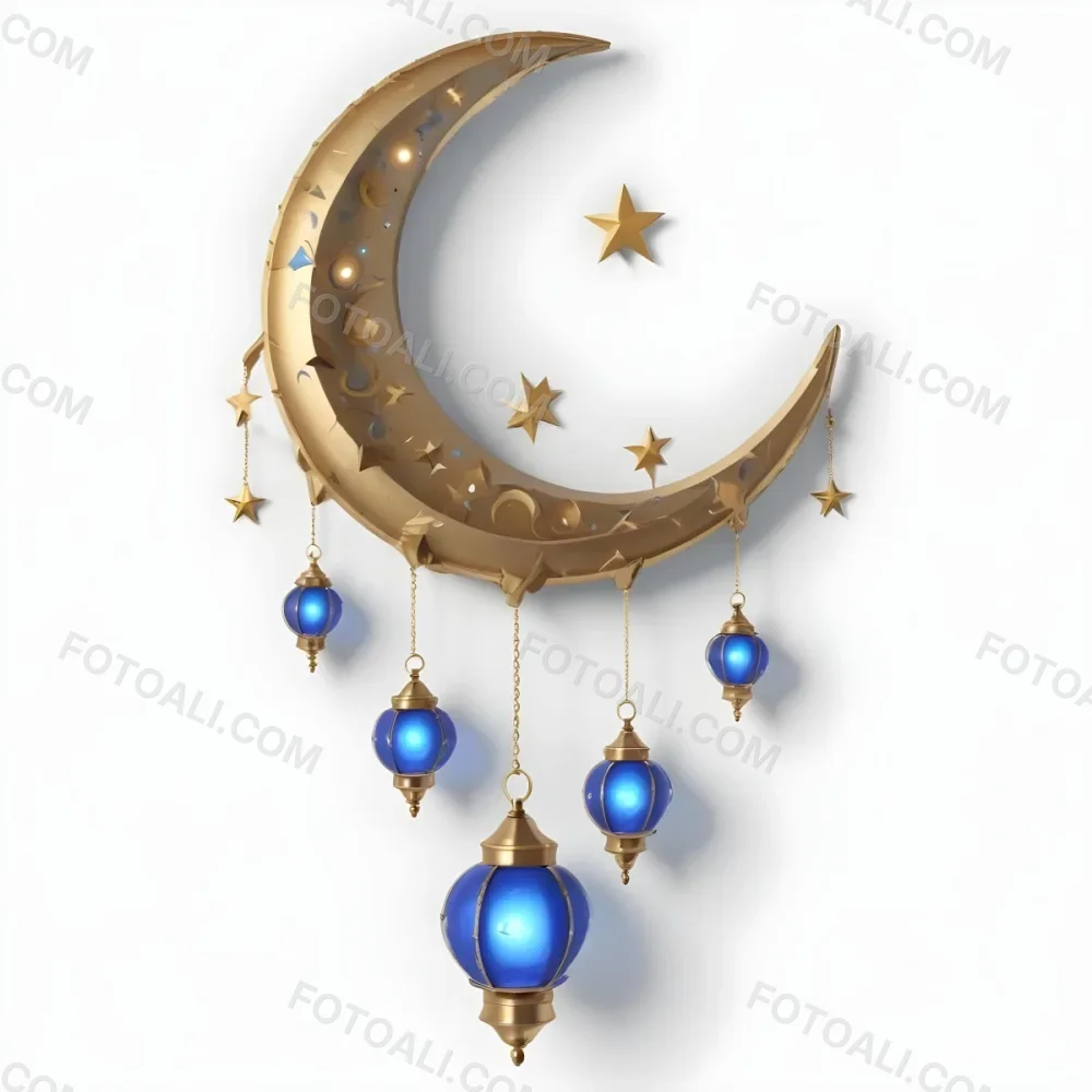 Digital Painting A Crescent Moon Shaped Wall Hanging With Blue And Gold Lanterns Hanging From It Bold And Slim Lines Brush Strokes 6 0c68
