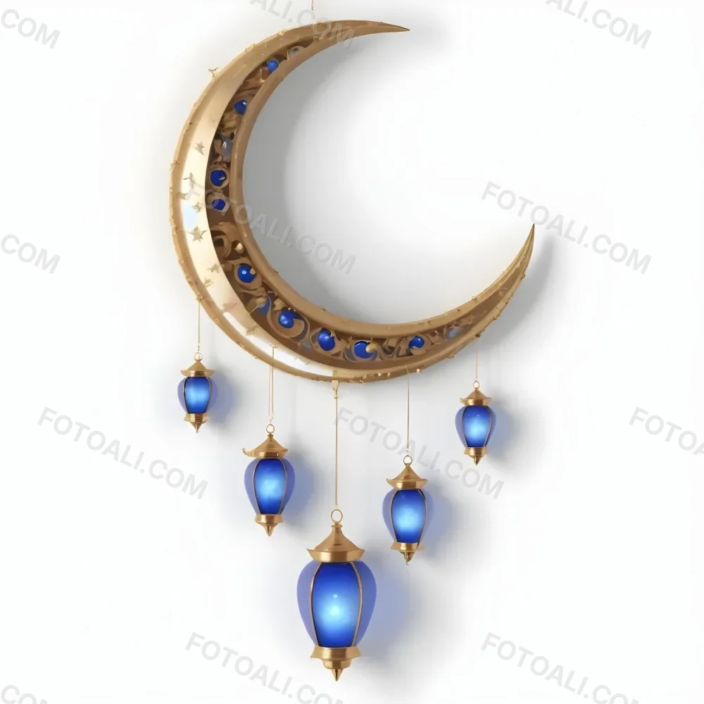 Digital Painting A Crescent Moon Shaped Wall Hanging With Blue And Gold Lanterns Hanging From It Bold And Slim Lines Brush Strokes 8 0d43