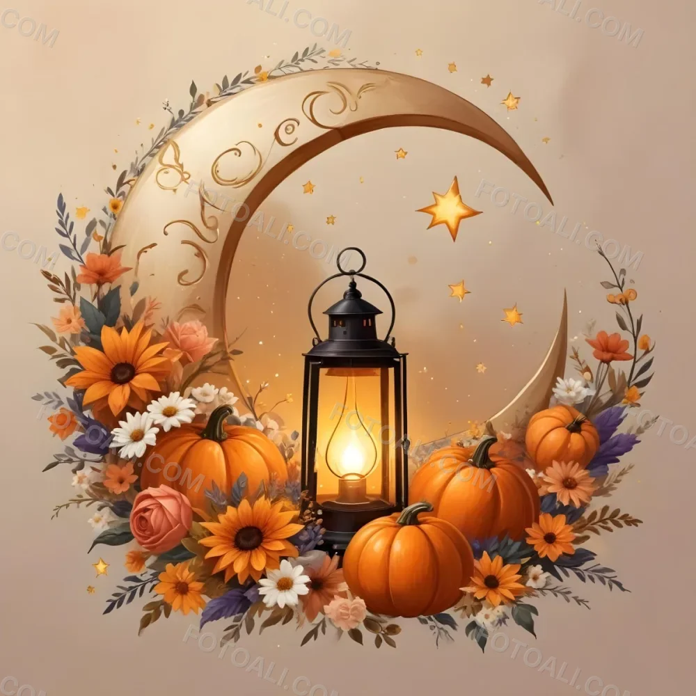 Digital Painting A Crescent Moon With A Lantern Surrounded By Stars Flowers And Pumpkins Against A Warm Glowing Background Bold And Slim Lines Brush Strokes 1 1ebb