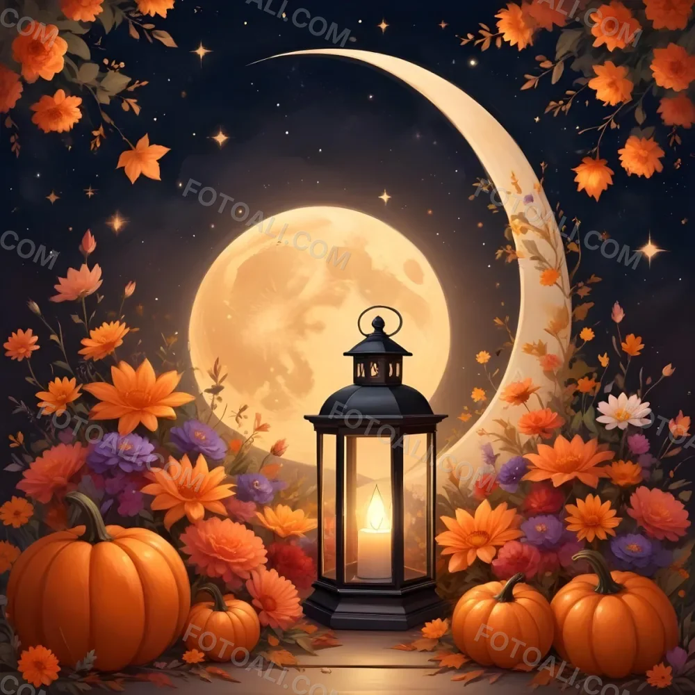 Digital Painting A Crescent Moon With A Lantern Surrounded By Stars Flowers And Pumpkins Against A Warm Glowing Background Bold And Slim Lines Brush Strokes 10 79ae