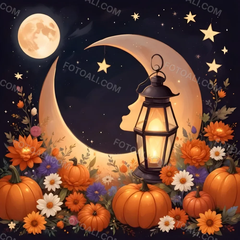 Digital Painting A Crescent Moon With A Lantern Surrounded By Stars Flowers And Pumpkins Against A Warm Glowing Background Bold And Slim Lines Brush Strokes 14 Eb75