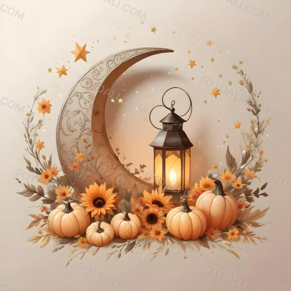 Digital Painting A Crescent Moon With A Lantern Surrounded By Stars Flowers And Pumpkins Against A Warm Glowing Background Bold And Slim Lines Brush Strokes 18 71da