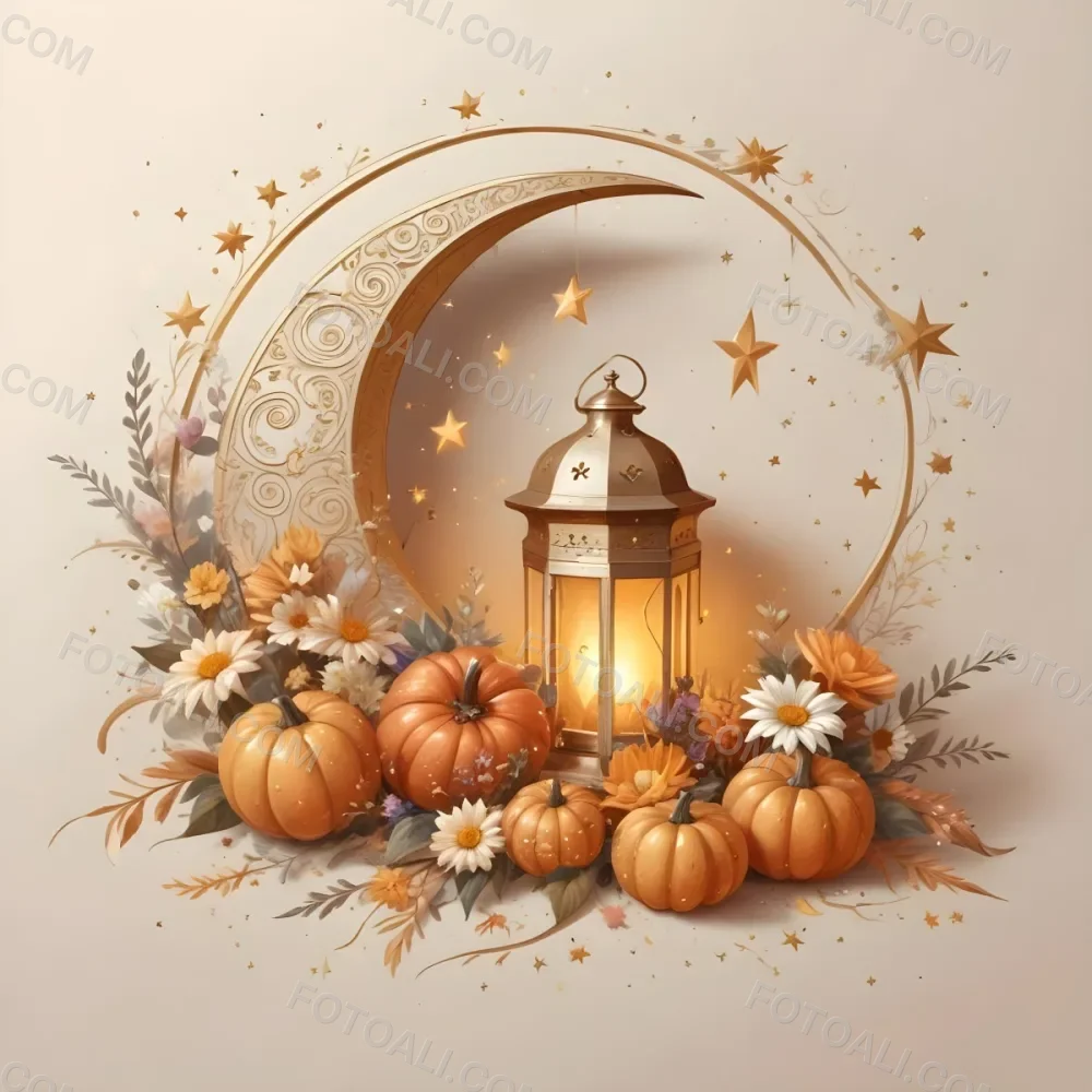 Digital Painting A Crescent Moon With A Lantern Surrounded By Stars Flowers And Pumpkins Against A Warm Glowing Background Bold And Slim Lines Brush Strokes 19 Eed7