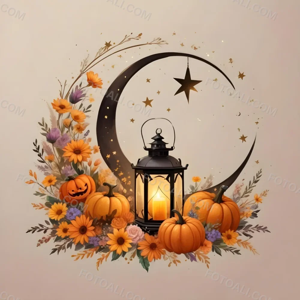 Digital Painting A Crescent Moon With A Lantern Surrounded By Stars Flowers And Pumpkins Against A Warm Glowing Background Bold And Slim Lines Brush Strokes 2 2476