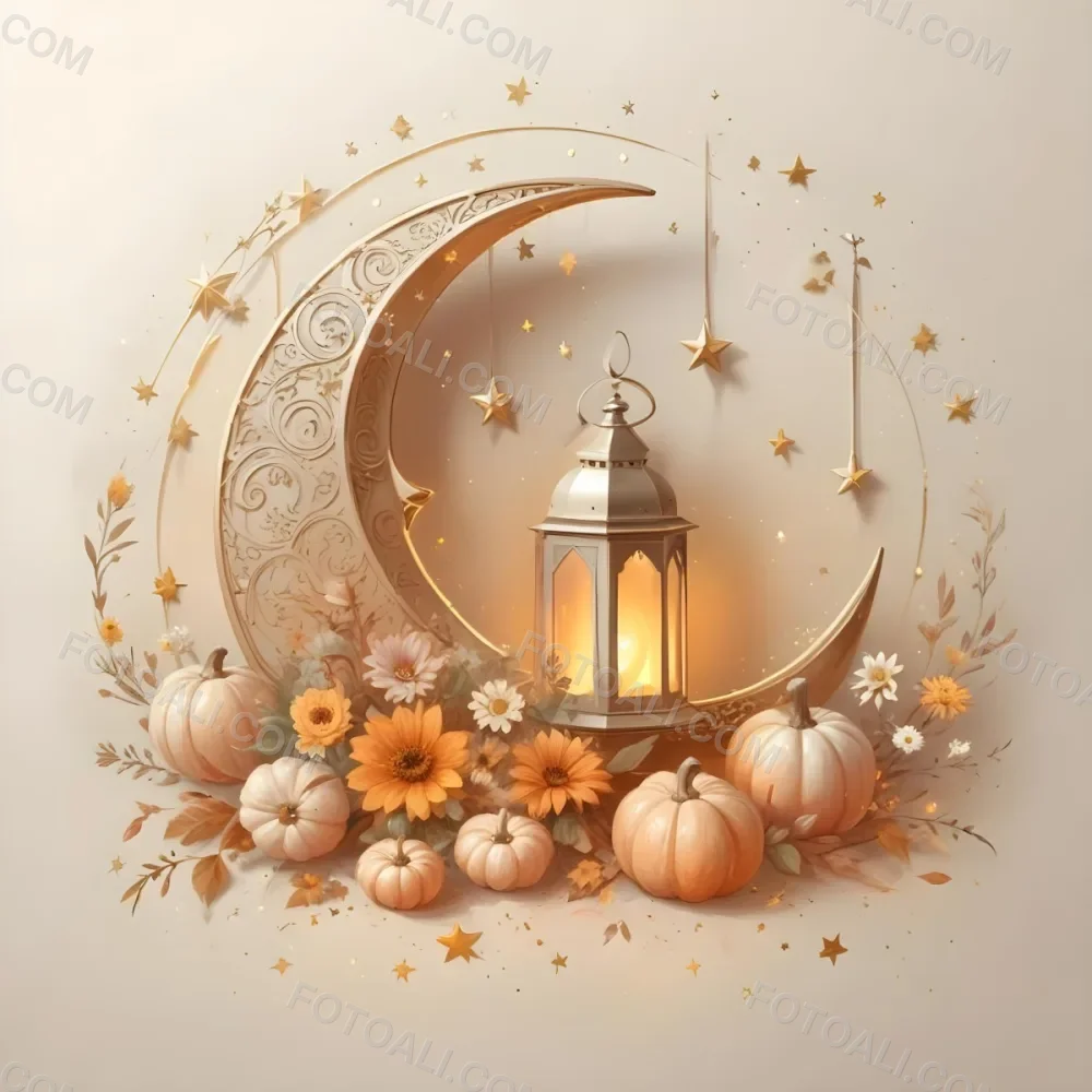 Digital Painting A Crescent Moon With A Lantern Surrounded By Stars Flowers And Pumpkins Against A Warm Glowing Background Bold And Slim Lines Brush Strokes 21 6ad4
