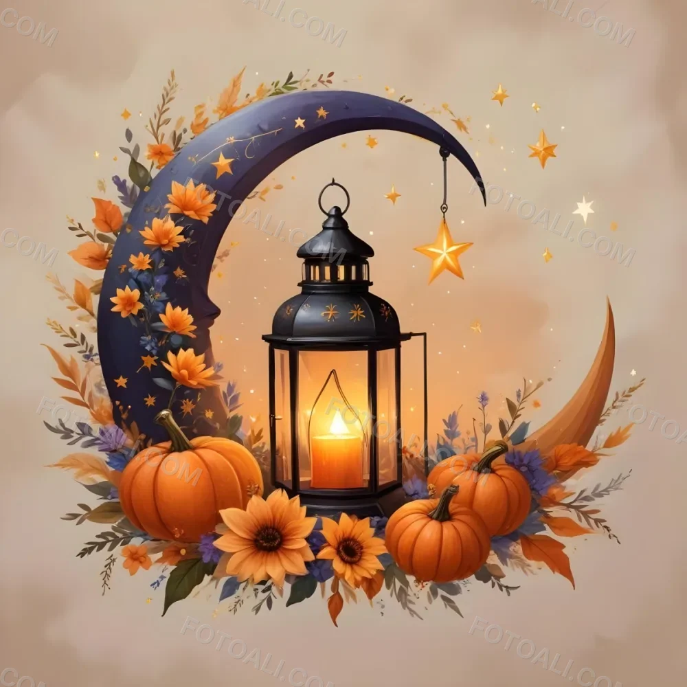 Digital Painting A Crescent Moon With A Lantern Surrounded By Stars Flowers And Pumpkins Against A Warm Glowing Background Bold And Slim Lines Brush Strokes 3 8de2