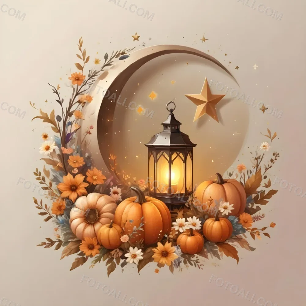Digital Painting A Crescent Moon With A Lantern Surrounded By Stars Flowers And Pumpkins Against A Warm Glowing Background Bold And Slim Lines Brush Strokes 4 Bda6