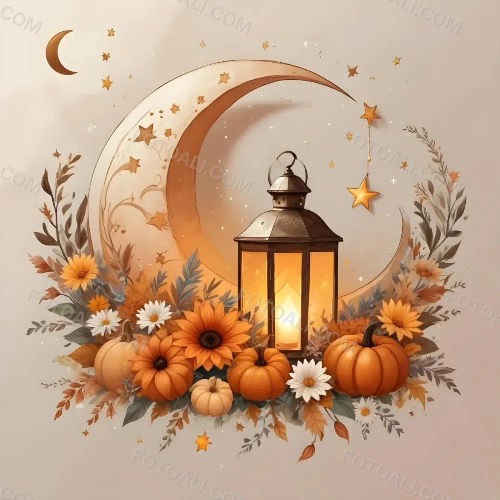 Digital Painting A Crescent Moon With A Lantern Surrounded By Stars Flowers And Pumpkins Against A Warm Glowing Background Bold And Slim Lines Brush Strokes 7 E8d6