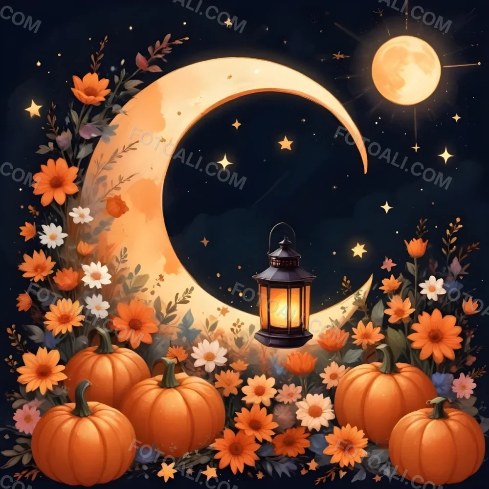 Digital Painting A Crescent Moon With A Lantern Surrounded By Stars Flowers And Pumpkins Against A Warm Glowing Background Bold And Slim Lines Brush Strokes 8 A31b