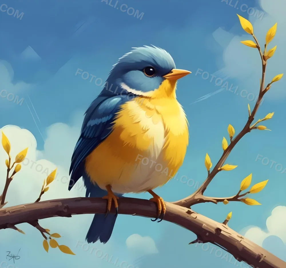 Digital Painting A Cute Bird With Yellow Belly On A Branch Sky Background Bold And Slim Lines Brush Strokes 65 3fbb