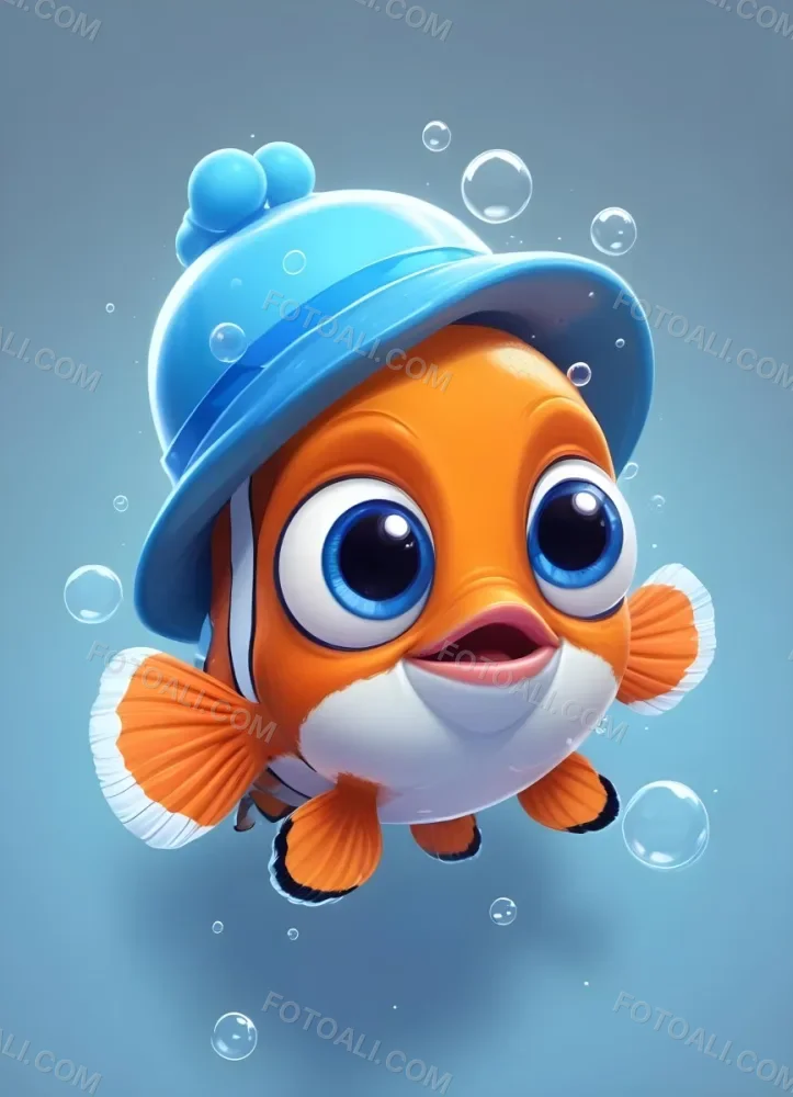 Digital Painting A Cute Cartoon Clownfish Wearing A Blue Hat Surrounded By Bubbles Against A Light Blue Background Bold And Slim Lines Brush Strokes 3 5601