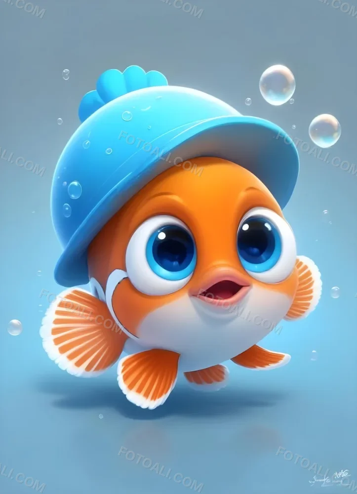 Digital Painting A Cute Cartoon Clownfish Wearing A Blue Hat Surrounded By Bubbles Against A Light Blue Background Bold And Slim Lines Brush Strokes 6 47c1