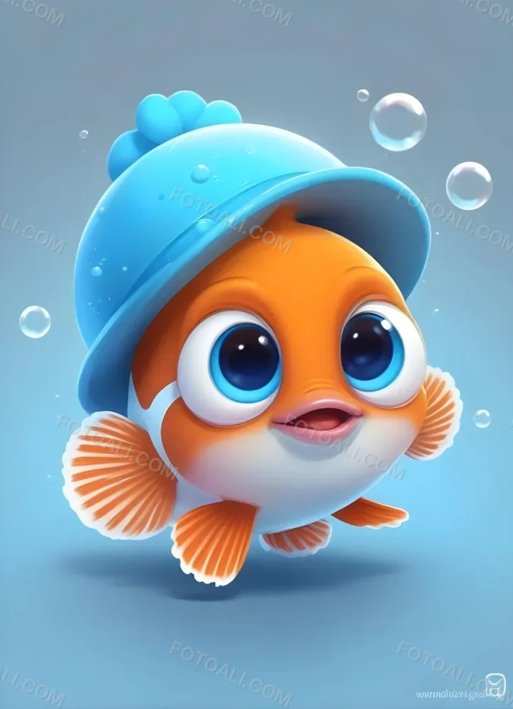 Digital Painting A Cute Cartoon Clownfish Wearing A Blue Hat Surrounded By Bubbles Against A Light Blue Background Bold And Slim Lines Brush Strokes 7 2ff6