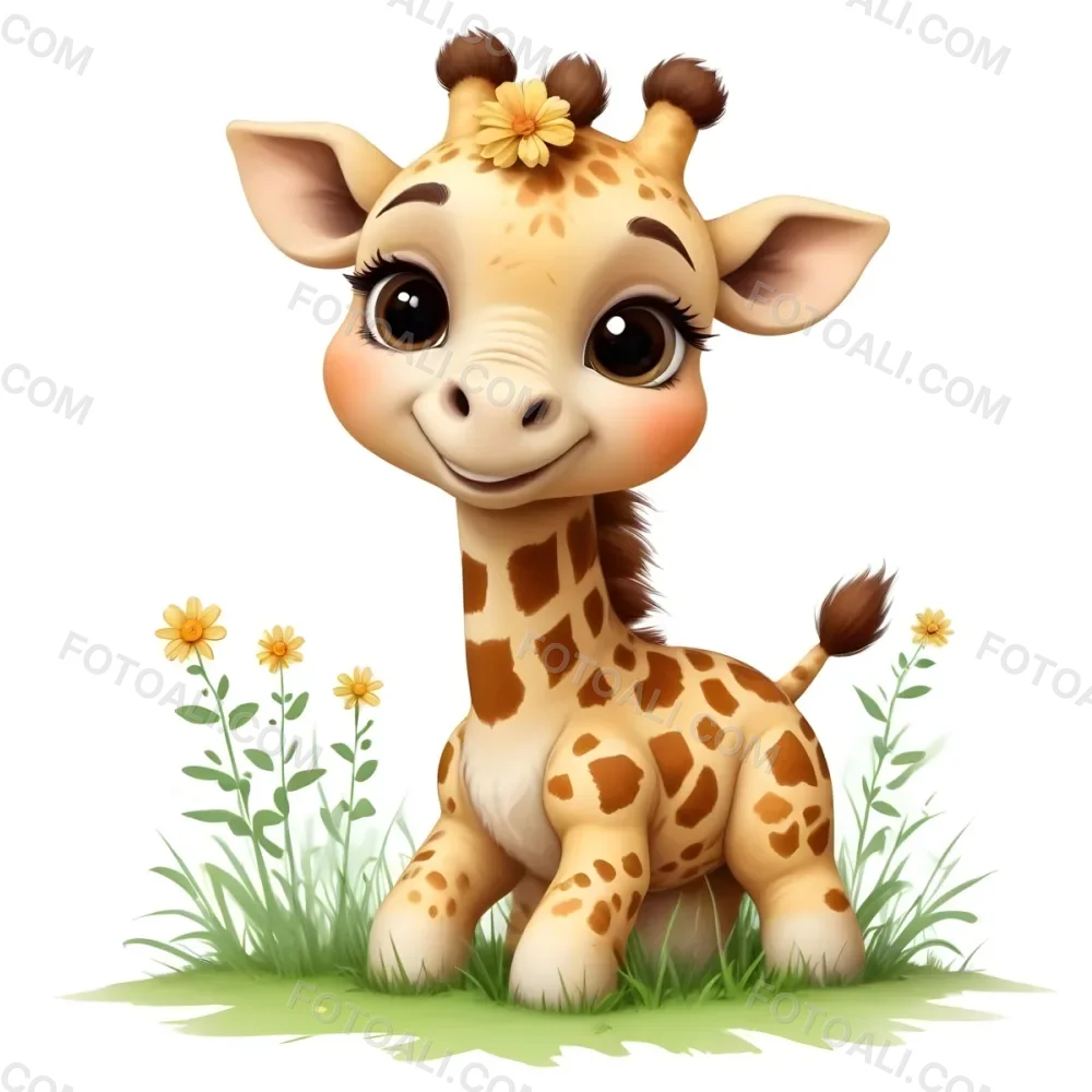Digital Painting A Cute Cartoon Giraffe With Large Expressive Brown Eyes And A Small Smile The Giraffe Has A Light Brown Coat With Darker Spots And A Tuft Of Hair On Its Head It Stands On A Grassy Patch With A Few Flo 126 Ba9d
