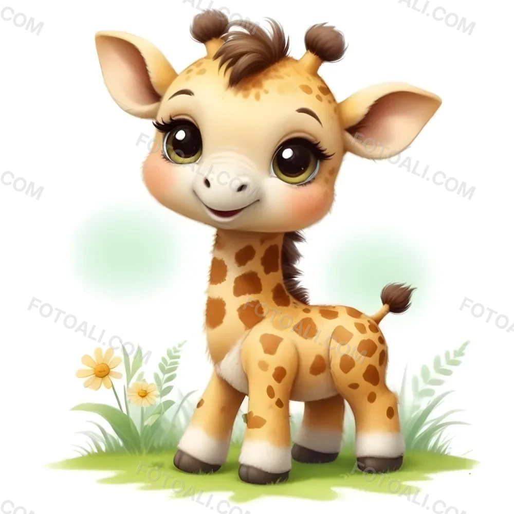 Digital Painting A Cute Cartoon Giraffe With Large Expressive Brown Eyes And A Small Smile The Giraffe Has A Light Brown Coat With Darker Spots And A Tuft Of Hair On Its Head It Stands On A Grassy Patch With A Few Flo 18 4d33