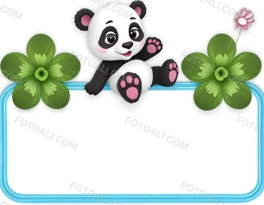 Digital Painting A Cute Cartoon Panda With A White Face And Black Ears Sitting And Waving The Panda Has Large Expressive Eyes And Pink Paw Pads On Either Side Of The Panda There Are Green Flowers With Rounded Peta 21 427d