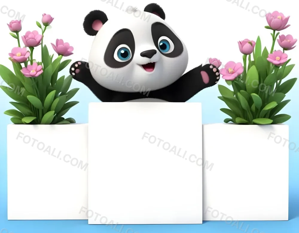 Digital Painting A Cute Cartoon Panda With A White Face And Black Ears Sitting And Waving The Panda Has Large Expressive Eyes And Pink Paw Pads On Either Side Of The Panda There Are Green Flowers With Rounded Peta 25 Edde