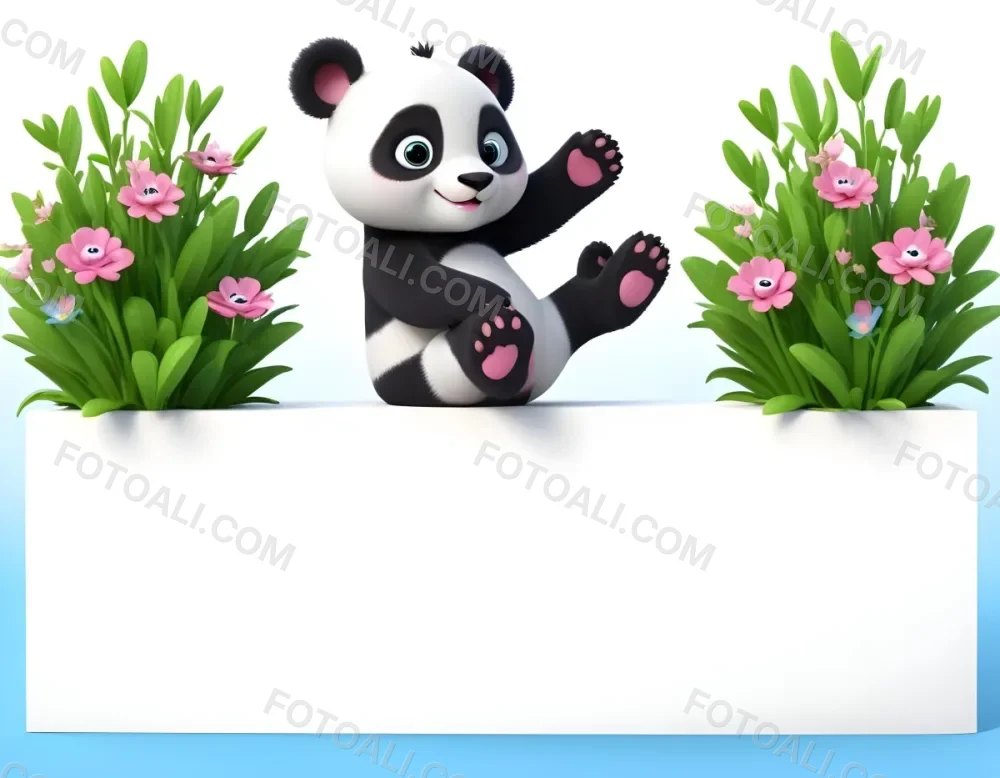 Digital Painting A Cute Cartoon Panda With A White Face And Black Ears Sitting And Waving The Panda Has Large Expressive Eyes And Pink Paw Pads On Either Side Of The Panda There Are Green Flowers With Rounded Peta 30 2852