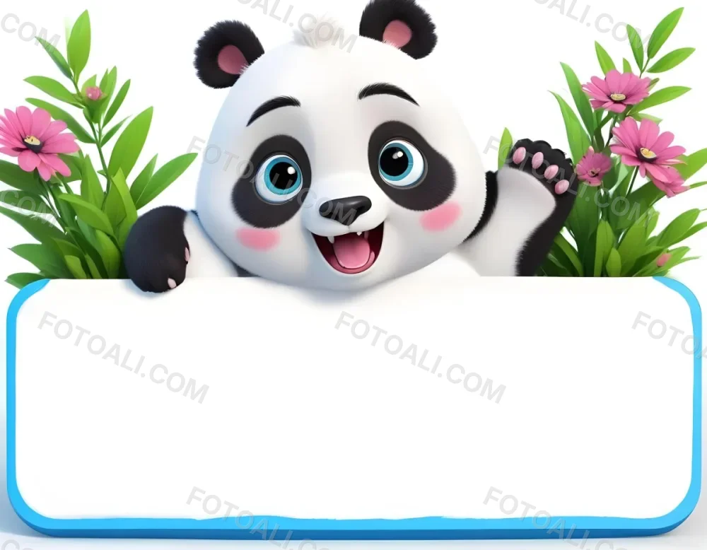 Digital Painting A Cute Cartoon Panda With A White Face And Black Ears Sitting And Waving The Panda Has Large Expressive Eyes And Pink Paw Pads On Either Side Of The Panda There Are Green Flowers With Rounded Peta 34 5872