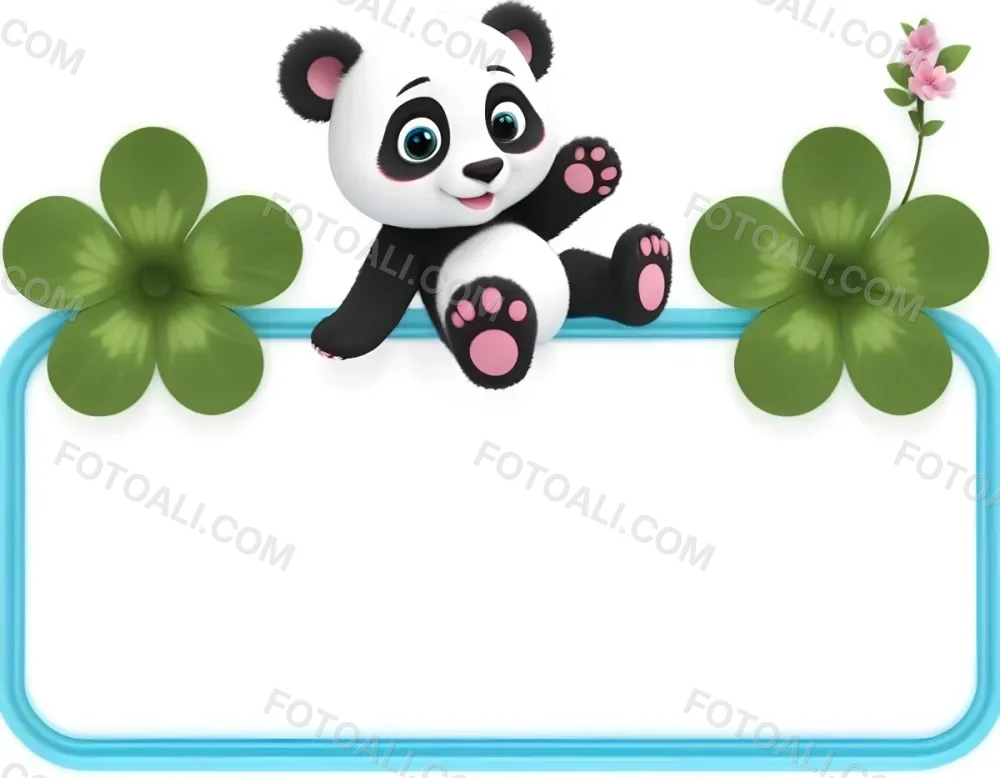 Digital Painting A Cute Cartoon Panda With A White Face And Black Ears Sitting And Waving The Panda Has Large Expressive Eyes And Pink Paw Pads On Either Side Of The Panda There Are Green Flowers With Rounded Peta 4 5108