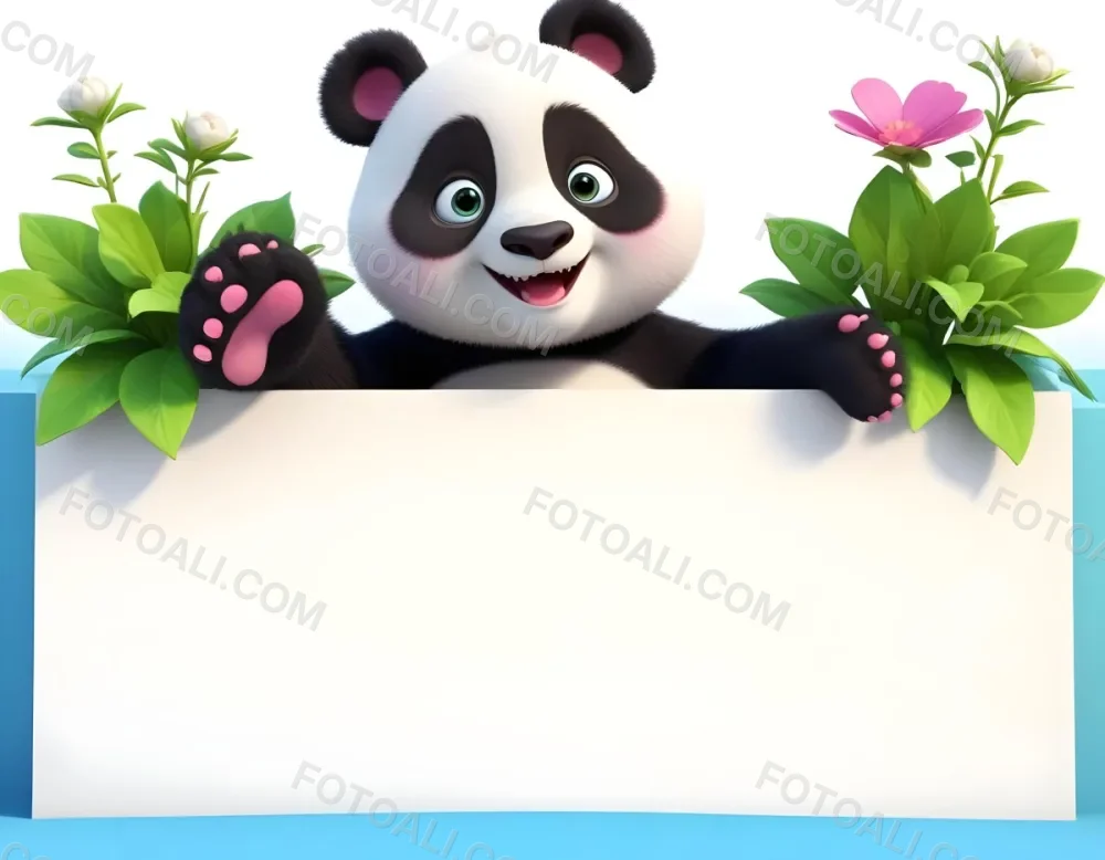 Digital Painting A Cute Cartoon Panda With A White Face And Black Ears Sitting And Waving The Panda Has Large Expressive Eyes And Pink Paw Pads On Either Side Of The Panda There Are Green Flowers With Rounded Peta 51 B8ce