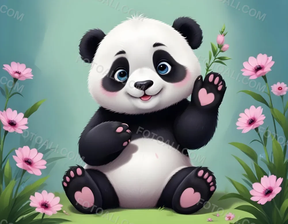 Digital Painting A Cute Cartoon Panda With A White Face And Black Ears Sitting And Waving The Panda Has Large Expressive Eyes And Pink Paw Pads On Either Side Of The Panda There Are Green Flowers With Rounded Peta 57 3fc4