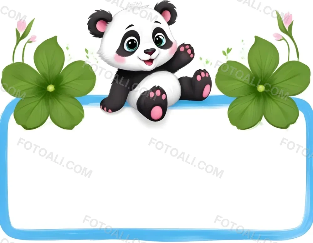 Digital Painting A Cute Cartoon Panda With A White Face And Black Ears Sitting And Waving The Panda Has Large Expressive Eyes And Pink Paw Pads On Either Side Of The Panda There Are Green Flowers With Rounded Peta 67 6b30