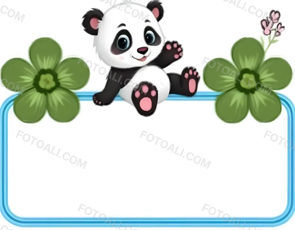 Digital Painting A Cute Cartoon Panda With A White Face And Black Ears Sitting And Waving The Panda Has Large Expressive Eyes And Pink Paw Pads On Either Side Of The Panda There Are Green Flowers With Rounded Peta 69 5215