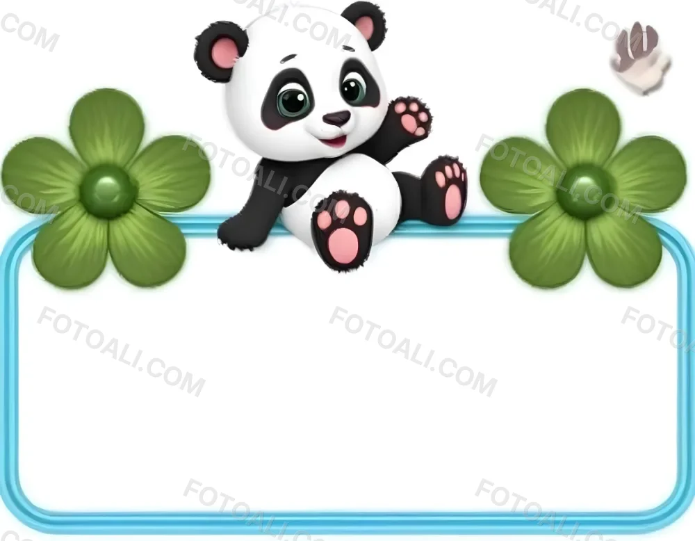Digital Painting A Cute Cartoon Panda With A White Face And Black Ears Sitting And Waving The Panda Has Large Expressive Eyes And Pink Paw Pads On Either Side Of The Panda There Are Green Flowers With Rounded Peta 7 586c