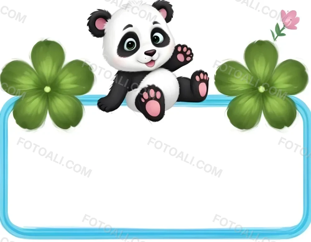 Digital Painting A Cute Cartoon Panda With A White Face And Black Ears Sitting And Waving The Panda Has Large Expressive Eyes And Pink Paw Pads On Either Side Of The Panda There Are Green Flowers With Rounded Peta 70 0d3a