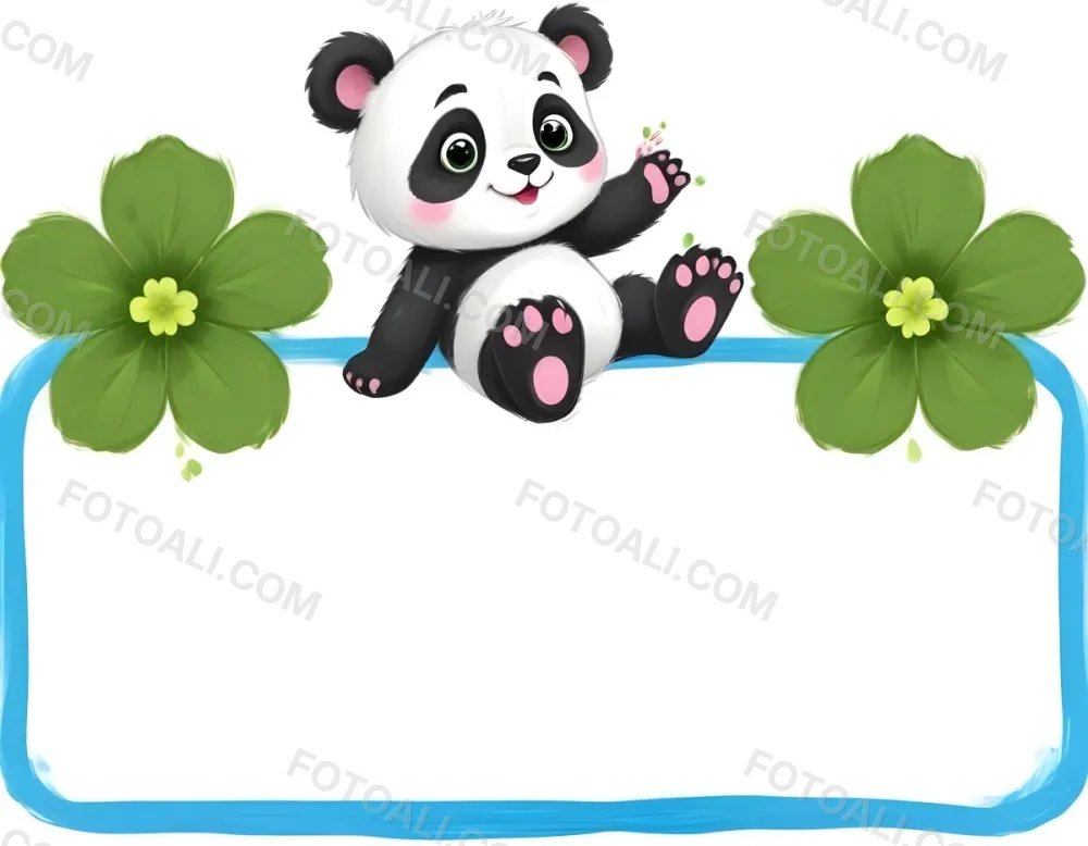 Digital Painting A Cute Cartoon Panda With A White Face And Black Ears Sitting And Waving The Panda Has Large Expressive Eyes And Pink Paw Pads On Either Side Of The Panda There Are Green Flowers With Rounded Peta 71 49e5