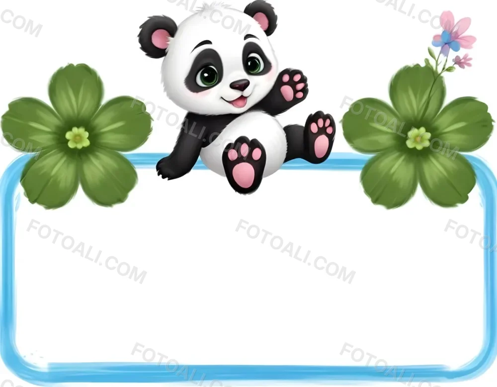 Digital Painting A Cute Cartoon Panda With A White Face And Black Ears Sitting And Waving The Panda Has Large Expressive Eyes And Pink Paw Pads On Either Side Of The Panda There Are Green Flowers With Rounded Peta 72 32d5