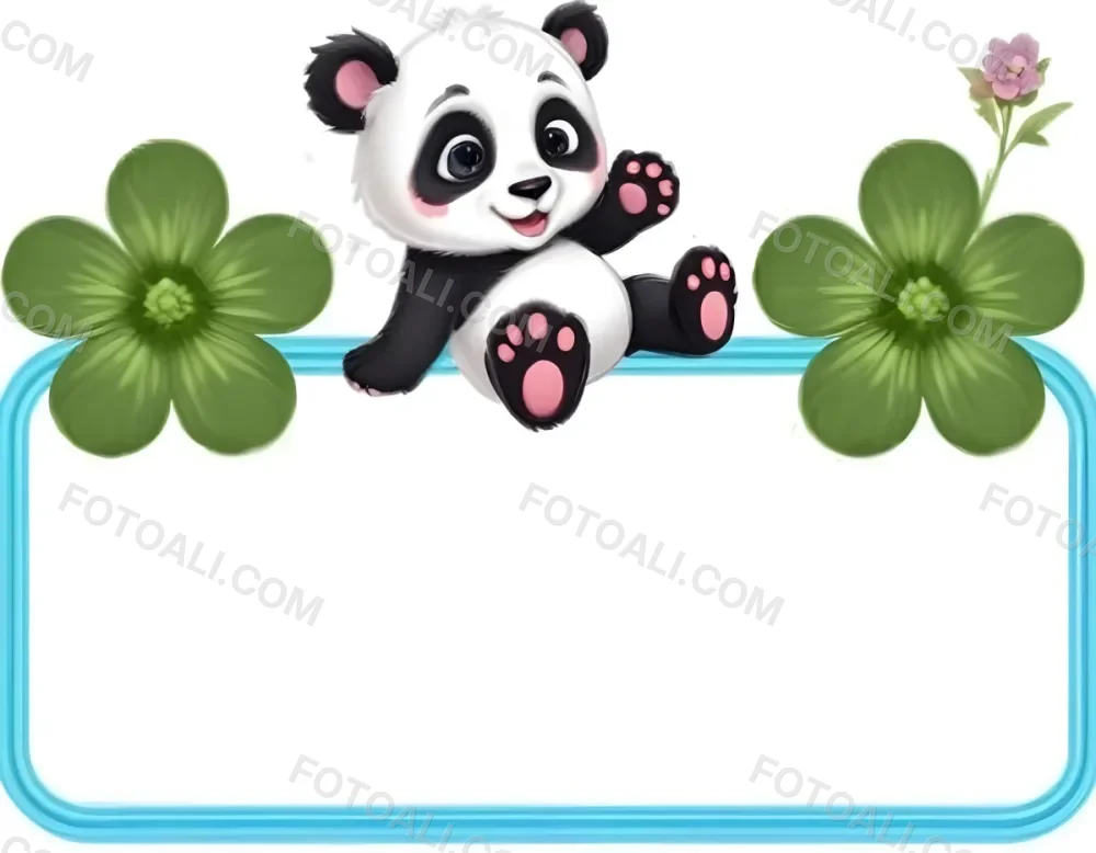 Digital Painting A Cute Cartoon Panda With A White Face And Black Ears Sitting And Waving The Panda Has Large Expressive Eyes And Pink Paw Pads On Either Side Of The Panda There Are Green Flowers With Rounded Peta 74 Fdc5