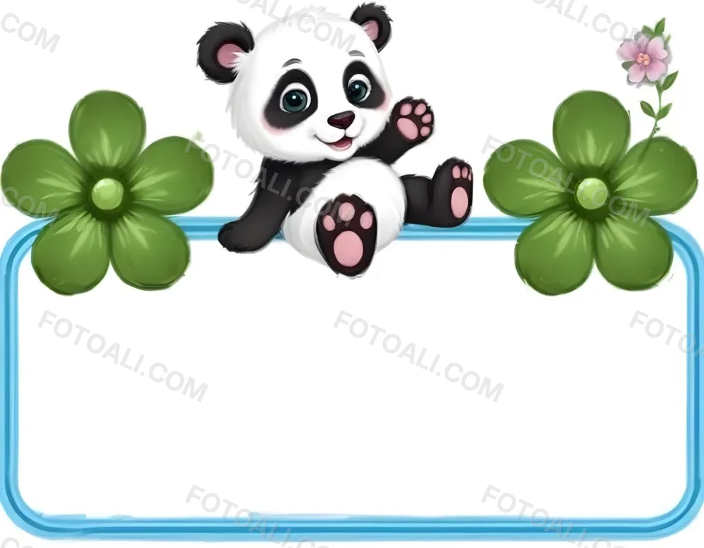 Digital Painting A Cute Cartoon Panda With A White Face And Black Ears Sitting And Waving The Panda Has Large Expressive Eyes And Pink Paw Pads On Either Side Of The Panda There Are Green Flowers With Rounded Peta 75 04fc