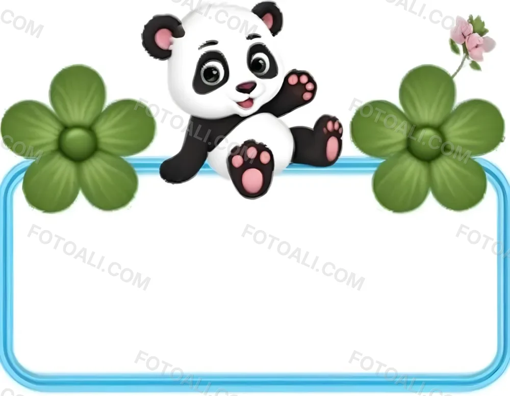 Digital Painting A Cute Cartoon Panda With A White Face And Black Ears Sitting And Waving The Panda Has Large Expressive Eyes And Pink Paw Pads On Either Side Of The Panda There Are Green Flowers With Rounded Peta 8 9bb5