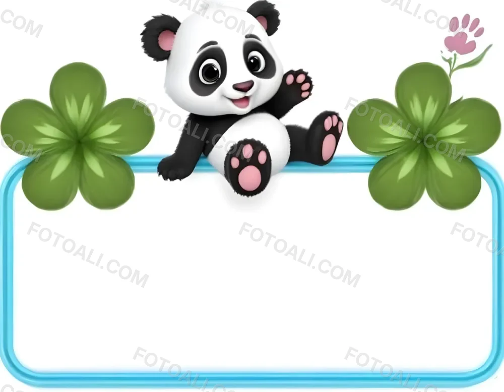 Digital Painting A Cute Cartoon Panda With A White Face And Black Ears Sitting And Waving The Panda Has Large Expressive Eyes And Pink Paw Pads On Either Side Of The Panda There Are Green Flowers With Rounded Peta 9 89d9