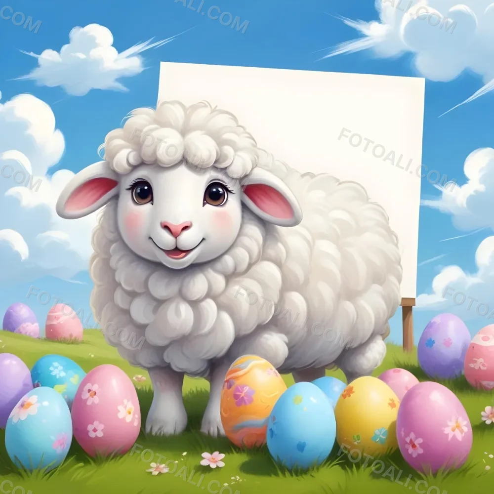 Digital Painting A Cute Cartoon Sheep With Fluffy White Wool And Rosy Cheeks Stands Beside A Blank White Rectangle The Sheep Has Large Expressive Eyes And Pink Ears Surrounding The Sheep Are Colorful Easter Eggs In 40 12bd