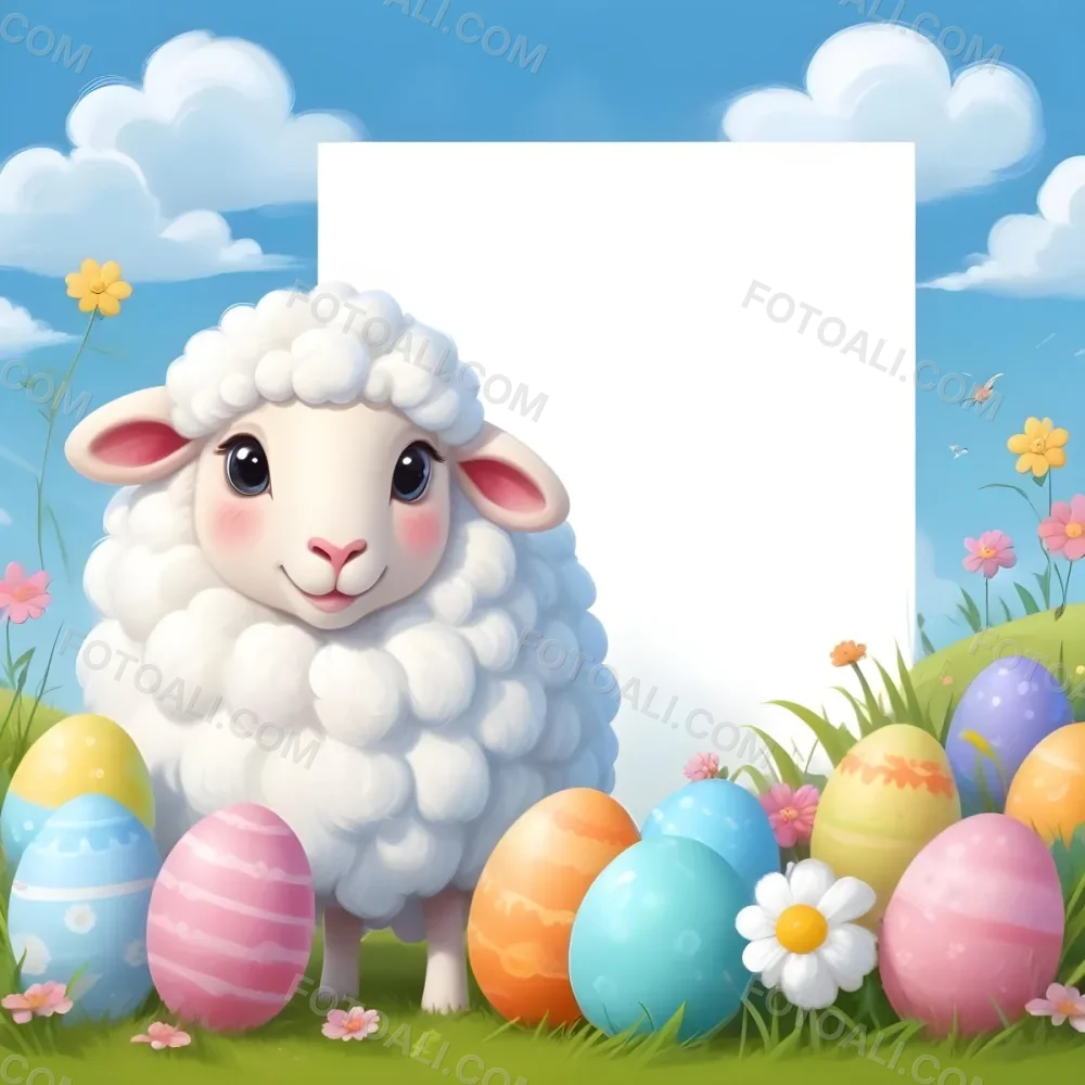 Digital Painting A Cute Cartoon Sheep With Fluffy White Wool And Rosy Cheeks Stands Beside A Blank White Rectangle The Sheep Has Large Expressive Eyes And Pink Ears Surrounding The Sheep Are Colorful Easter Eggs In 49 Bf39