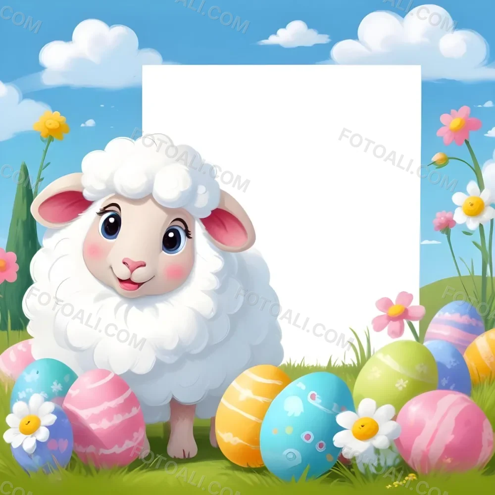 Digital Painting A Cute Cartoon Sheep With Fluffy White Wool And Rosy Cheeks Stands Beside A Blank White Rectangle The Sheep Has Large Expressive Eyes And Pink Ears Surrounding The Sheep Are Colorful Easter Eggs In 51 Ecea